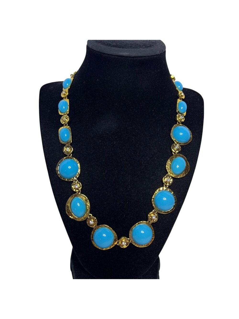 Kenneth Jay Lane Hammered Gold Tone And Blue Statement Necklace  (6360)